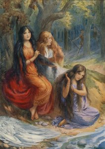 Hladgrun, Olrun og Alvit, fra "Wayland the Smith" (farvelitografi)