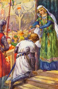 "Jeg skænker dig denne krans, hr. ridder" (farvelitografi) af Harry George Theaker