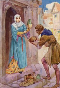 "Jeg bringer disse stakkels kar som en gave til Mistress de Rainault," sagde Robin til tjenerkvinden (farvelitografi). af Harry George Theaker