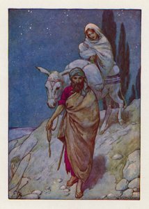 Josef stod op og tog det lille barn og hans mor om natten og drog til Egypten (farvelitografi). af Harry George Theaker
