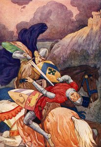 Kong Arthur stikker sin fjende i brystet (farvelitografi) af Harry George Theaker