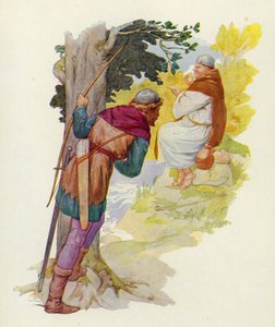 På en lille høj ved siden af vadestedet gnavede en enorm mand på en stor vildtpastaret (farvelitografi). af Harry George Theaker