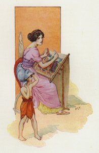 Penelope med sin søn Telemachos (farvelitografi) af Harry George Theaker