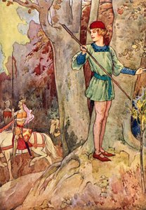 Perceval får øje på tre riddere af det runde bord (farvelitografi) af Harry George Theaker