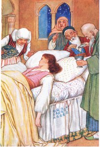 Prinsesse Aldebonda og hendes læger (fra historien "Kærlighedens pilgrimme"), illustration fra "Tales of Alhambra", ca. 1940 (farvelitografi) af Harry George Theaker