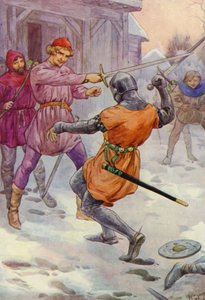 Robin sprang rundt om ham og slog til, hvor han ville (farvelitografi) af Harry George Theaker