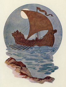 Hun var bygget som et nordisk krigsskib (farvelitografi) af Harry George Theaker