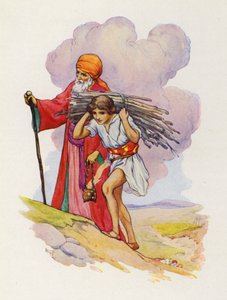Side om side klatrede Abraham og Isak op ad den stejle sti (farvelitografi) af Harry George Theaker