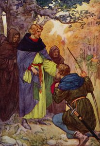 "Herre," sagde Robin og faldt på knæ, "vi fra Sherwood kræver en kongelig benådning" (farvelitografi).
