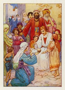 "Lad de små børn komme til mig" (farvelitografi) af Harry George Theaker