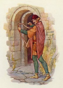 Robin Hoods berømmelse spredte sig i alle Midlands amter, selv ned til London, og balladerne om hans gerninger begyndte at blive sunget (farvelitografi). af Harry George Theaker