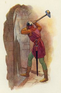 Hammeren svingede igen, og med endnu et knusende slag sprang de en vej ud (farvelitografi) af Harry George Theaker