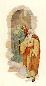 Den gamle mand inviterede ridderen ind i det ødelagte palads (farvelitografi) af Harry George Theaker