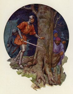 "Endelig de fredløse!" råbte sheriffen, og med trukket sværd løb han hen til det sted, hvor skikkelserne var forsvundet (farvelitografi). af Harry George Theaker
