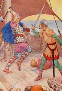 Pirathøvdingen sprang ud mod Robin (farvelitografi) af Harry George Theaker