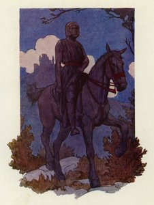 Den mærkelige ridder kom imod dem, ridende på en stor sort hest og bevæbnet helt i sort (farvelitografi). af Harry George Theaker