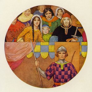 Der var en fantastisk samling af riddere og damer oppe på tribunen (farvelitografi). af Harry George Theaker
