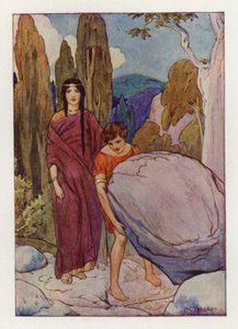 Theseus rejser den store sten, hvorunder sværdet og sandalerne lå (farvelitografi)