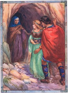 De kom til en hule ved havet (fra Diarmud og Grania) (farvelitografi)
