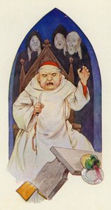 Det siges, at abbed Hugo rasede af vrede (farvelitografi) af Harry George Theaker