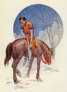 Således red Guy af sted, vendt mod dem, med fødderne spændt fast under hesten (farvelitografi) af Harry George Theaker