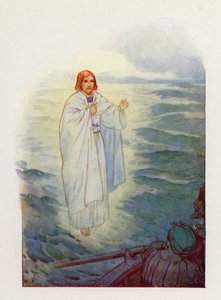 Da fiskerne gik på det oprørte hav, så de Jesu skikkelse (farvelitografi) af Harry George Theaker