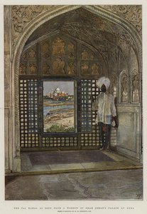 Taj Mahal set fra et vindue i Shah Jehans palads i Agra