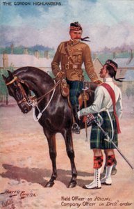 Gordon Highlanders, feltofficer i Kharki, kompagniofficer i boreorden (farve litho)