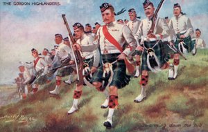 Gordon Highlanders, sværmer ned ad bakken (farve litho)