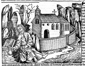 En pilgrim stopper i et kloster under sin rejse efter Hartmann Schedels "Nürnbergkrønike" af Hartmann Schedel
