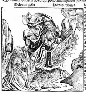 Elias rejser sig i en ildvogn og overlader sin ejendom til Elisee. Hartmann Schedel: Krønike af Nürnberg. Nürnberg 1497 af Hartmann Schedel