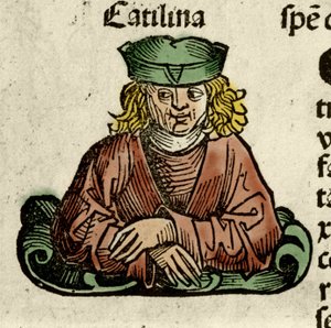 Repræsentation af Catilina (Lucius Sergius Catilina) (108-62 f.Kr.), en romersk politiker, der konspirerede mod senatet. Stik fra "" Liber chronicarum"" af Hartmann Schedel