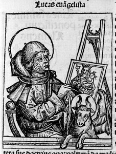 Repræsentation af evangelisten Saint Luke. Indgravering fra "Liber chronicarum" (Nürnberg-krøniker) af Hartmann Schedel 1493