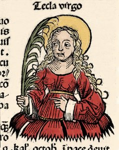 Repræsentation af Jomfruen og Martyrdommen Thecle of Iconium (Santa Tecla) Xylografi af "" Chronicles of Nürnberg""" af Hartmann Schedel af Hartmann Schedel