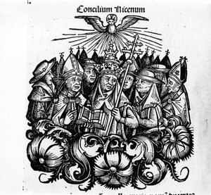Koncilet i Nicea. Illustration af "" Universal Chronicles of Nuremberg"" af H. Schedel af Hartmann Schedel