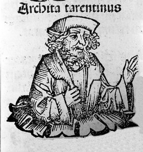 Den græske filosof Archytas af Taranto (435-347 f.Kr.) filosof Pythagorician, matematiker, astronom. Xylografi af "" Chronicles of Nürnberg"" af Hartmann Schedel