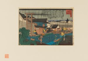 Træbloktryk - Regnscene ved kita-shinchi i Osaka. Folk med paraplyer, 1800-tallet