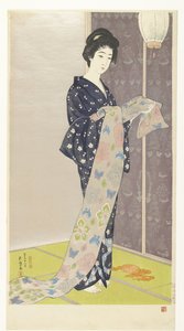 Ung kvinde i en sommer kimono Natsu yosoi no musume (titel på objekt) af Hashiguchi Goyô
