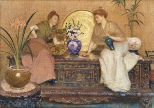 To damer, der sidder på en kiste ved en kairo-varebakke og en vase med blomster, af Hector Caffieri
