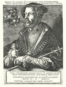 John af Leiden, hollandsk anabaptistleder og en af lederne af Munster-oprøret 1534-1535 (gravering) af Heinrich (after) Aldegrever