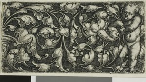 En dobbelt rulle med bladornament med en putto stående til højre af Heinrich Aldegrever