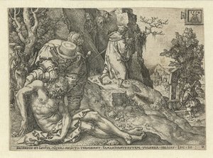 Den barmhjertige samaritaner tager sig af sårene Lignelse om den barmhjertige samaritaner (serietitel) af Heinrich Aldegrever