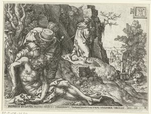 Den barmhjertige samaritaner tager sig af sårene Lignelse om den barmhjertige samaritaner (serietitel) af Heinrich Aldegrever
