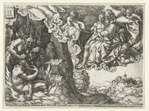Den rige mand i helvede ser Abraham med Lazarus Lignelse om Lazarus og den rige mand (serietitel) af Heinrich Aldegrever