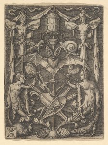 Design til en kandelaber-grotesk med et flagermus i midten, 1550. af Heinrich Aldegrever