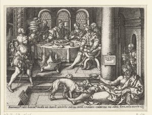 Lazarus tigger ved den rige mands dør Lignelse om Lazarus og den rige mand (serietitel) af Heinrich Aldegrever