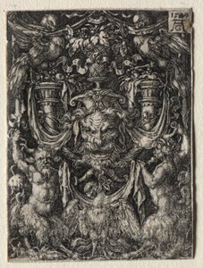 Ornamentdesign med en maske og en ørn mellem to fauner nedenfor af Heinrich Aldegrever