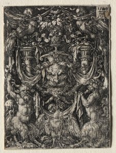 Ornamentdesign med en maske og en ørn mellem to fauner nedenfor, 1509. af Heinrich Aldegrever