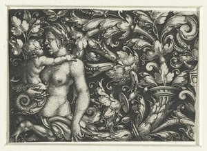 Ornament med bladranker og en kvindelig triton med barn af Heinrich Aldegrever