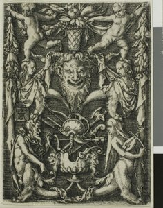 Ornamental design med et par satyrer, børn og et trofæ af Heinrich Aldegrever